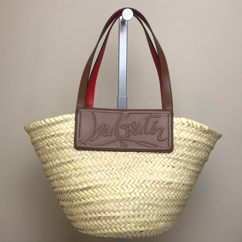 Christian Louboutin Loubishore Logo Raffia Tote with Leather Detail, Natural